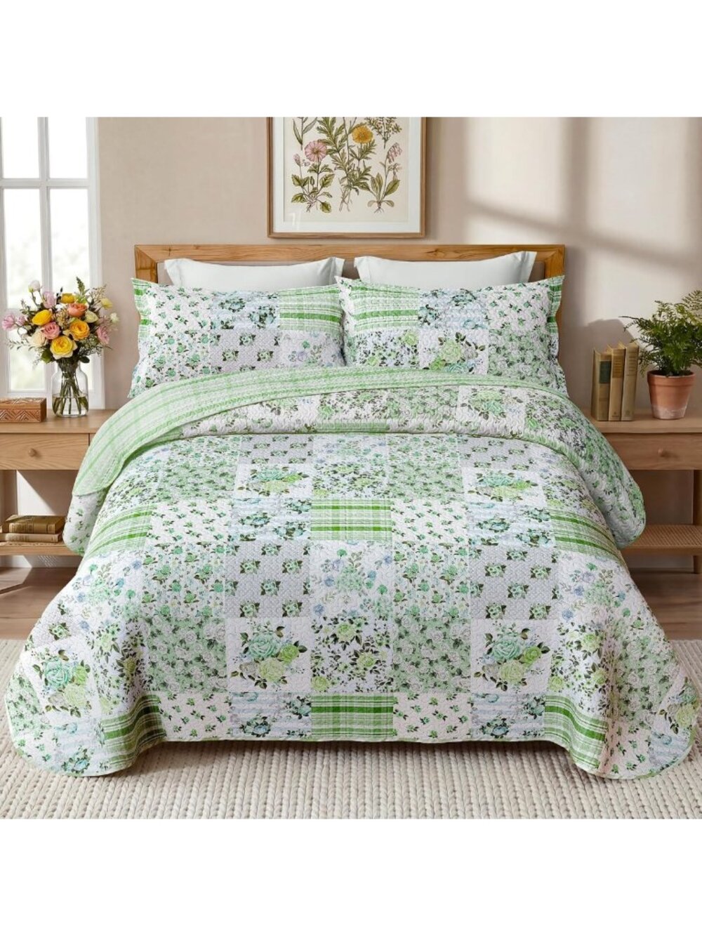 Floral Green Patchwork Queen Quilt Set - Reversible Lightweight Bedding, 3
